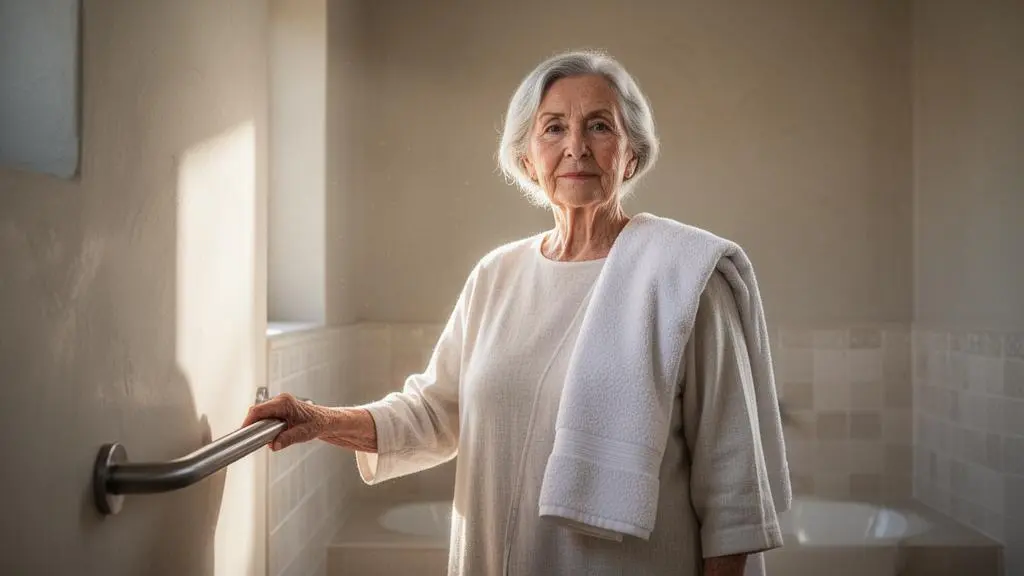 Personne âgée souriante et sereine dans sa salle de bain lumineuse et adaptée, symbole d'autonomie préservée au quotidien