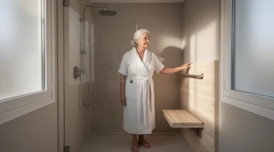 Salle de bain moderne et lumineuse avec un siège de douche mural adapté pour senior, dans une ambiance sereine et épurée