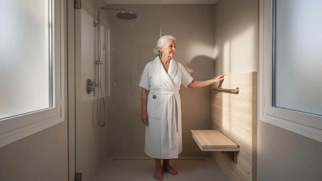 Salle de bain moderne et lumineuse avec un siège de douche mural adapté pour senior, dans une ambiance sereine et épurée