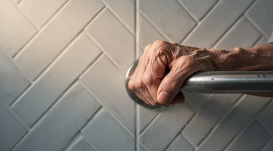 Main ridée d'une personne âgée posée avec assurance sur une barre d'appui murale dans une salle de bain lumineuse au style français