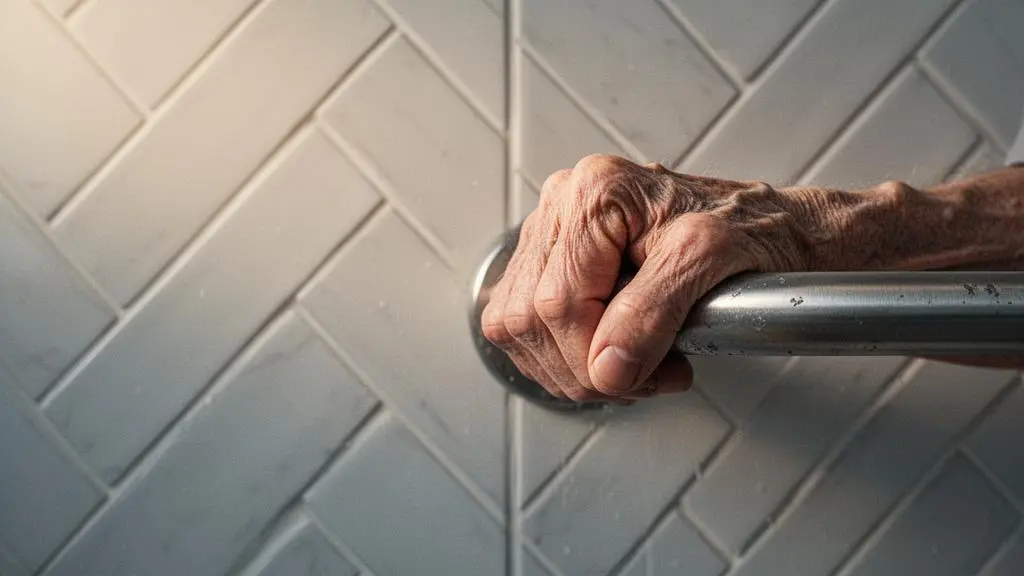 Main ridée d'une personne âgée posée avec assurance sur une barre d'appui murale dans une salle de bain lumineuse au style français