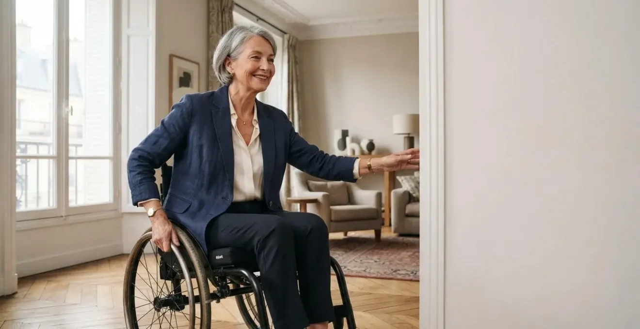 Femme senior se déplaçant librement en fauteuil roulant dans un appartement lumineux et adapté, symbole d'autonomie retrouvée