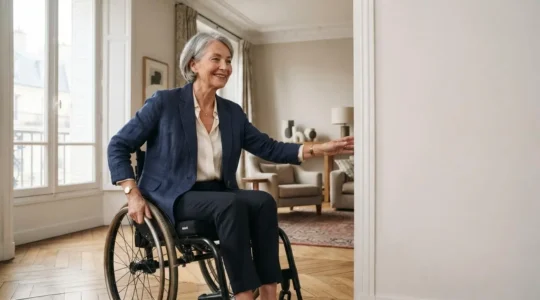 Femme senior se déplaçant librement en fauteuil roulant dans un appartement lumineux et adapté, symbole d'autonomie retrouvée