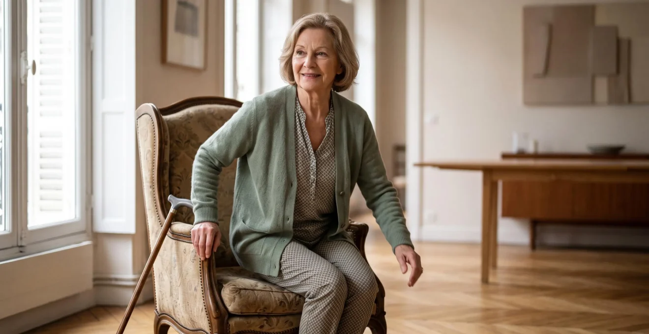 Une personne âgée se déplace avec aisance et sourire dans un salon lumineux à la française, illustrant la fluidité retrouvée des mouvements du quotidien