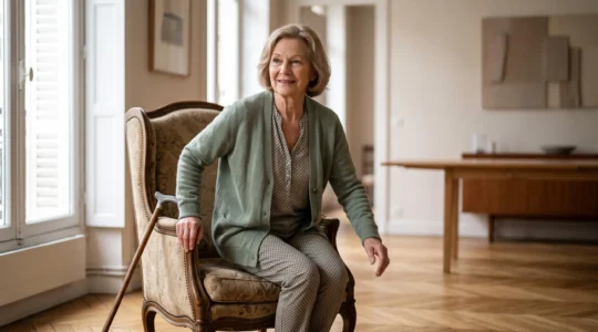 Une personne âgée se déplace avec aisance et sourire dans un salon lumineux à la française, illustrant la fluidité retrouvée des mouvements du quotidien