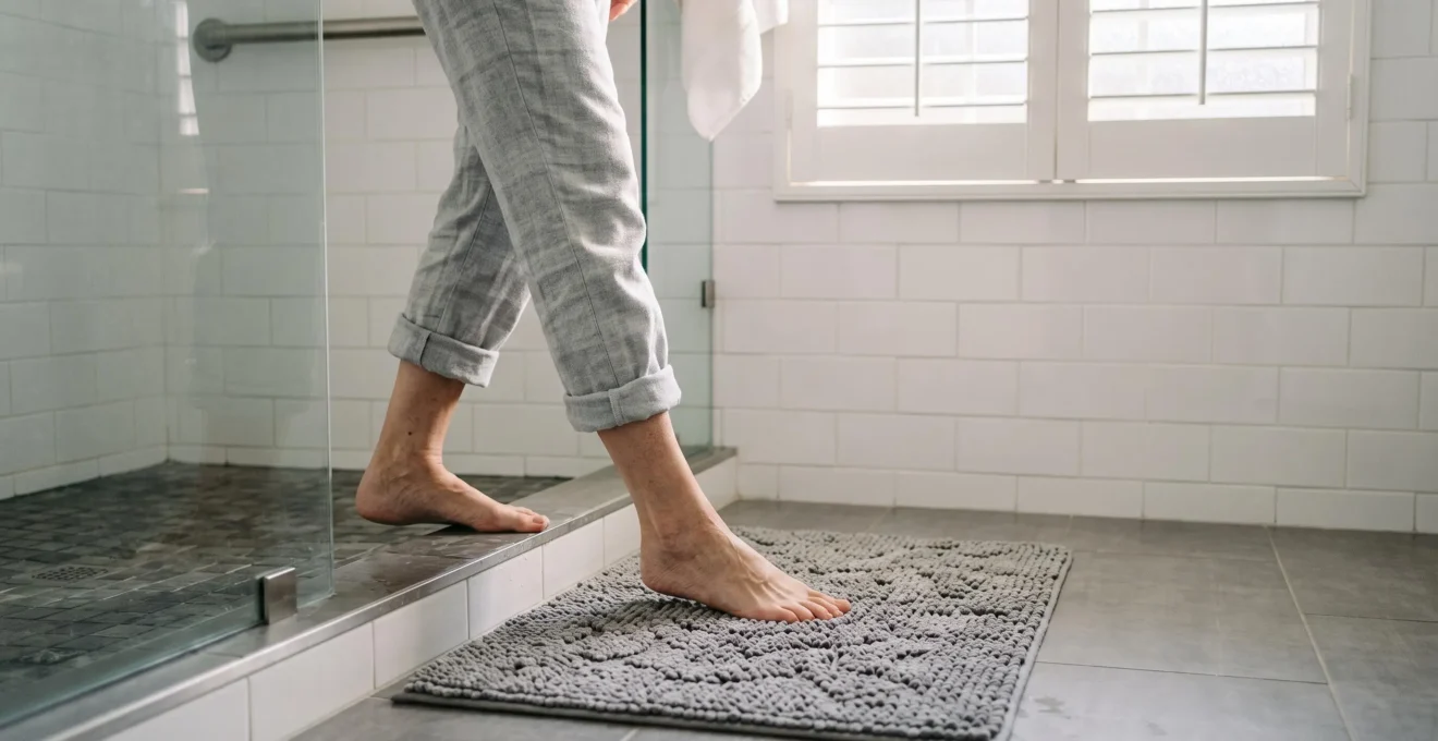 Personne âgée posant le pied en toute sécurité sur un tapis antidérapant dans une salle de bain lumineuse à la française