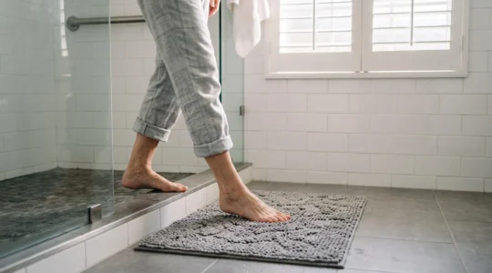 Personne âgée posant le pied en toute sécurité sur un tapis antidérapant dans une salle de bain lumineuse à la française