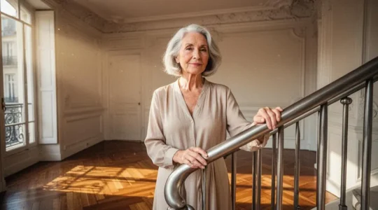 Salon lumineux et épuré d'un appartement français avec un senior serein évoluant en toute sécurité dans un espace de vie dégagé et adapté