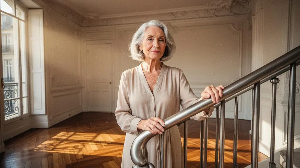 Salon lumineux et épuré d'un appartement français avec un senior serein évoluant en toute sécurité dans un espace de vie dégagé et adapté