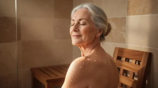 Une femme senior souriante et détendue, assise confortablement dans une douche moderne et lumineuse, illustrant un moment de bien-être plutôt qu'une contrainte.