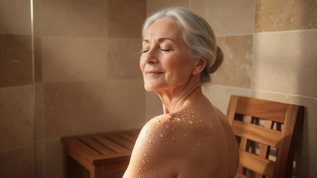 Une femme senior souriante et détendue, assise confortablement dans une douche moderne et lumineuse, illustrant un moment de bien-être plutôt qu'une contrainte.