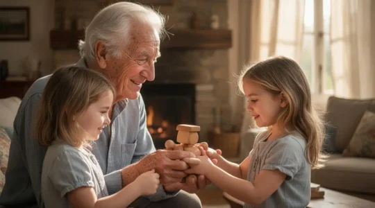 Un grand-père et sa petite-fille partageant un moment calme de transmission dans un salon lumineux en France
