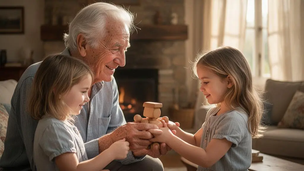 Un grand-père et sa petite-fille partageant un moment calme de transmission dans un salon lumineux en France
