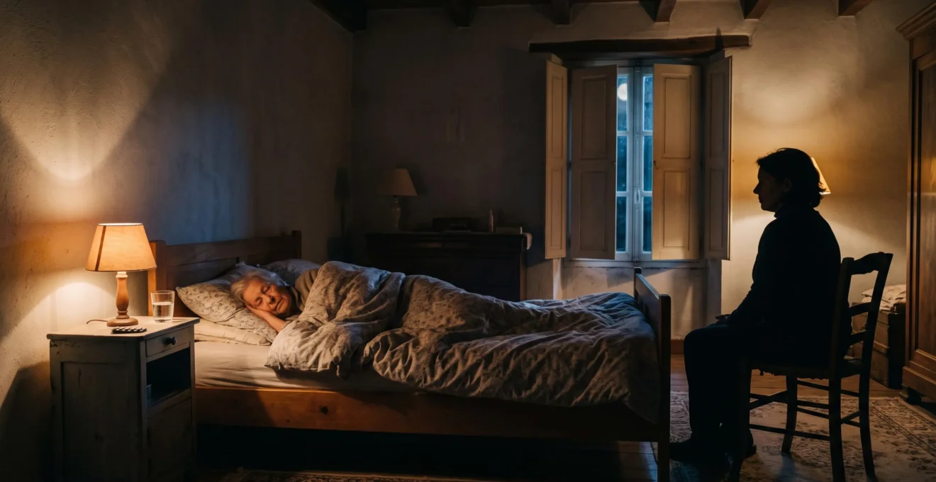 Aidant veillant paisiblement sur une personne âgée endormie dans une chambre chaleureuse la nuit, illustrant l'organisation d'une garde de nuit sereine
