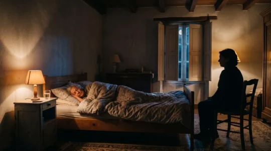 Aidant veillant paisiblement sur une personne âgée endormie dans une chambre chaleureuse la nuit, illustrant l'organisation d'une garde de nuit sereine