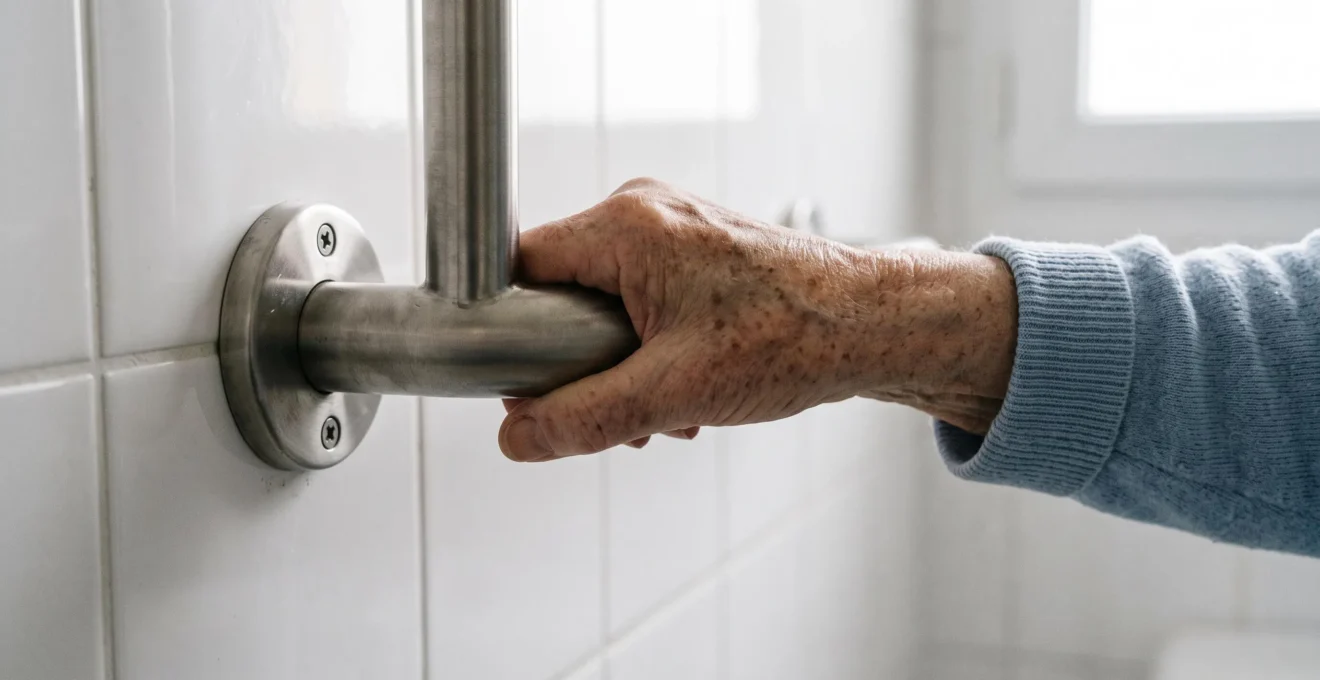 Main d'une personne âgée tenant fermement une barre d'appui en acier inoxydable fixée sur un mur carrelé blanc