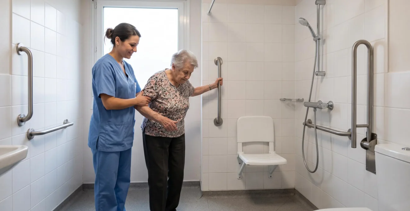 Aide-soignante accompagnant une résidente âgée dans une salle de bain d'EHPAD équipée de barres d'appui murales et d'un siège de douche