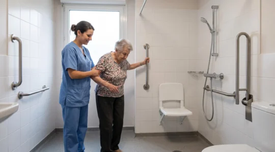 Aide-soignante accompagnant une résidente âgée dans une salle de bain d'EHPAD équipée de barres d'appui murales et d'un siège de douche