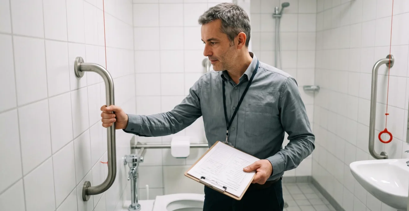 Responsable d'établissement vérifiant la fixation d'une barre d'appui murale lors d'une inspection de conformité dans une salle de bain d'EHPAD